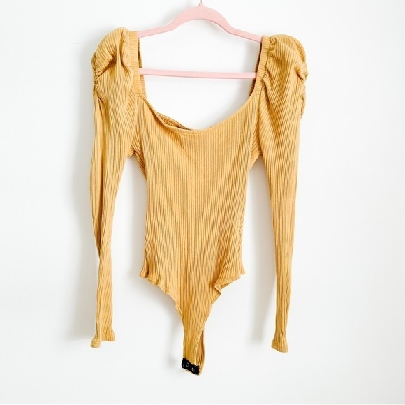 May Pink Marigold Yellow Ribber Puff Sleeve Bodysuit Sz Medium - Picture 1 of 7